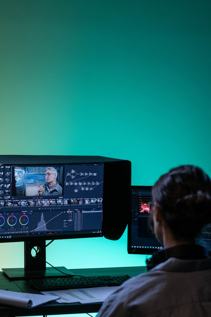 A digital nomad works on video editing in a dark room with dual monitors.